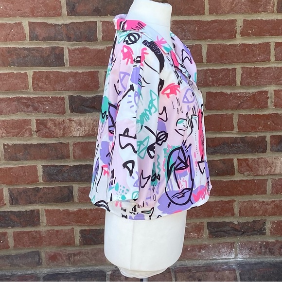 SHEIN Size L Large Cropped Short Sleeve Abstract Print Blouse Button Up Retro - Picture 4 of 9